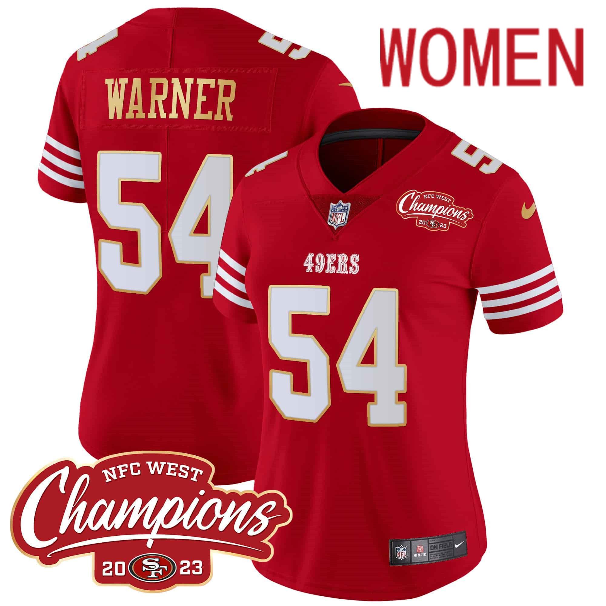 Women San Francisco 49ers 54 Warner Red 2024 Nike NFC West Champions Gold Trim Vapor NFL Jersey style 1